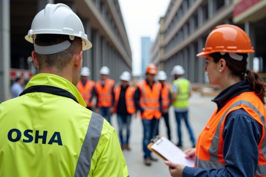OSHA inspector conducting construction safety observations at a construction site